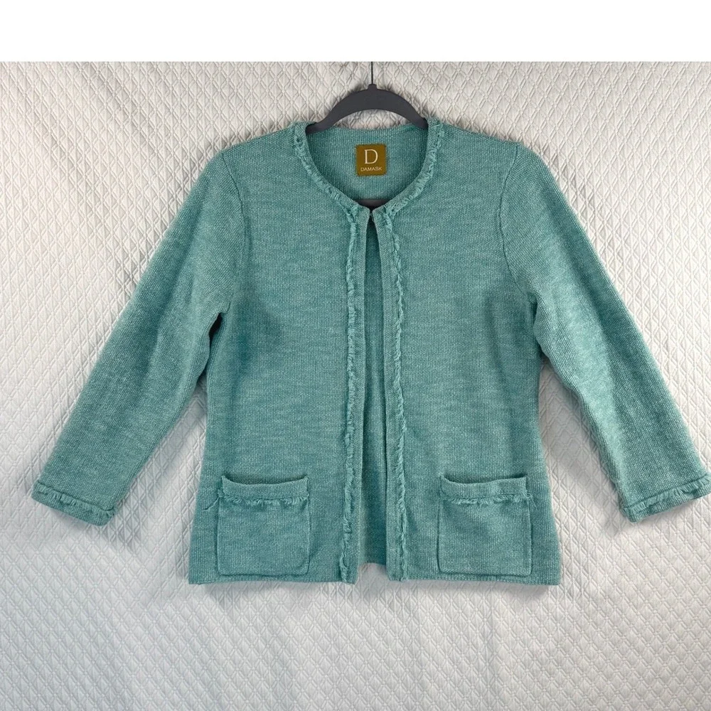 Viintage‎ Cardigan Sweater Blazer Women SP Teal Marl Knit Open Front Fringe Trim